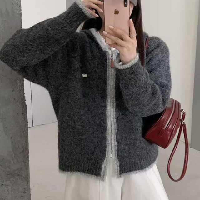 Contrast Trim Zip-Up Knit Hoodie