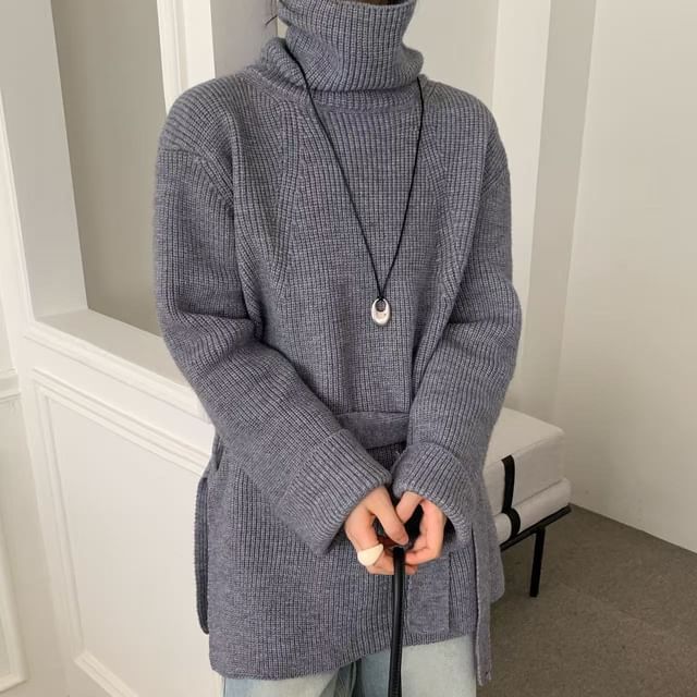 Oversized Turtleneck Slit Sweater Set with Belt