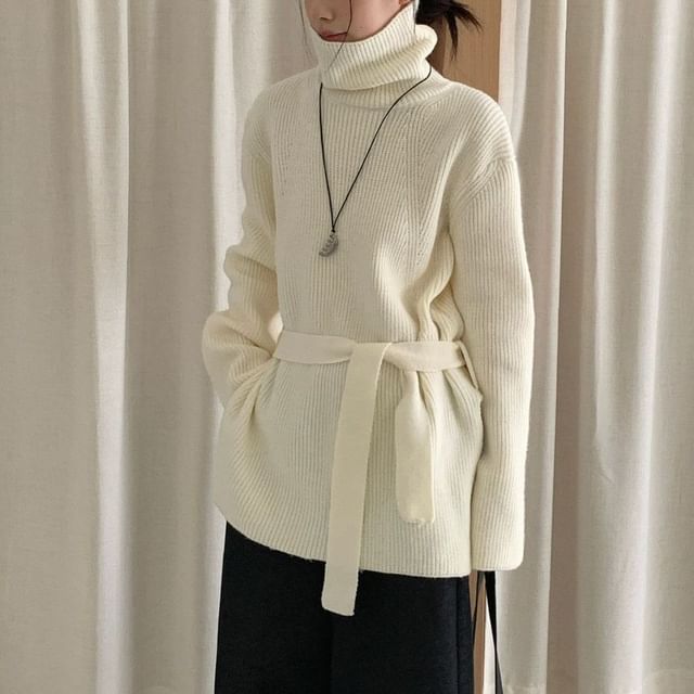 Oversized Turtleneck Slit Sweater Set with Belt