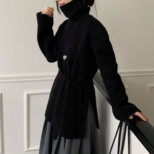 Oversized Turtleneck Slit Sweater Set with Belt