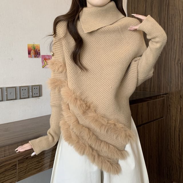 Fluffy Panel Turtleneck Asymmetrical Knit Top Long Sleeve