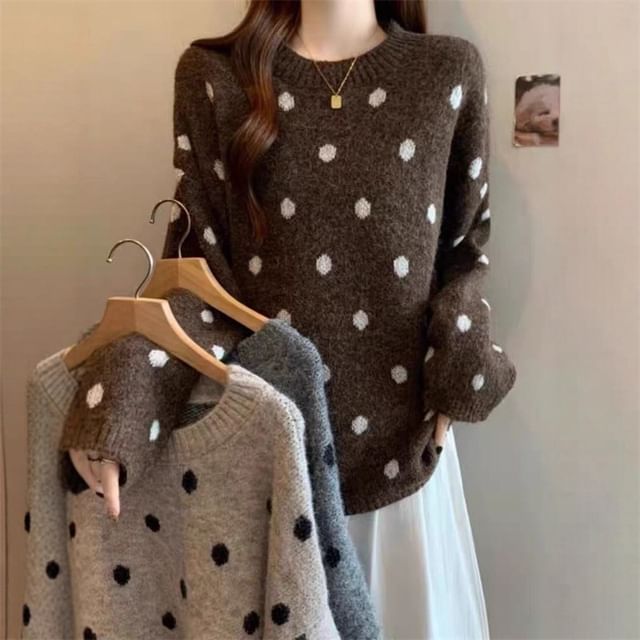 Polka Dot Round Neck Long Sleeve Sweater
