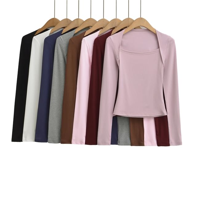 Plain Crop Tee with Square Neck and Long Sleeves