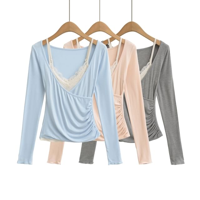Set: Lace Camisole Top + Long-Sleeve Plain V-Neck Wrap Tee