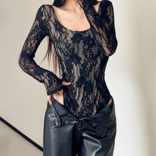 Lace Bodysuit Top with Scoop Neck and Long Sleeves