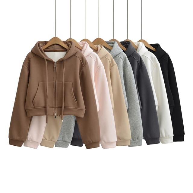 Plain Crop Zip Hoodie with Drop Shoulder Design