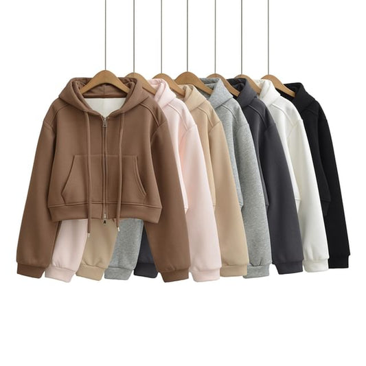 Plain Crop Zip Hoodie with Drop Shoulder Design