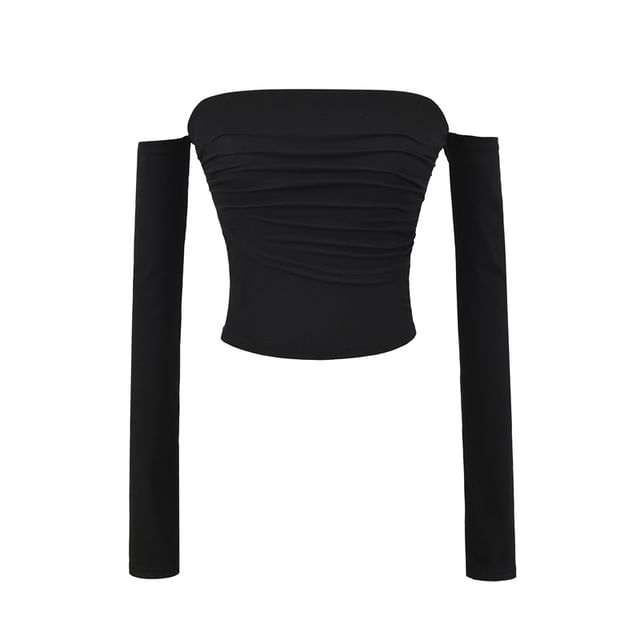 Ruched Long-Sleeve Plain Off-Shoulder T-Shirt