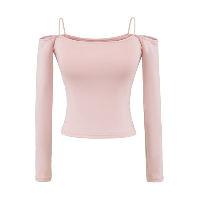 Plain Cold-Shoulder Crop Tee with Long Sleeves