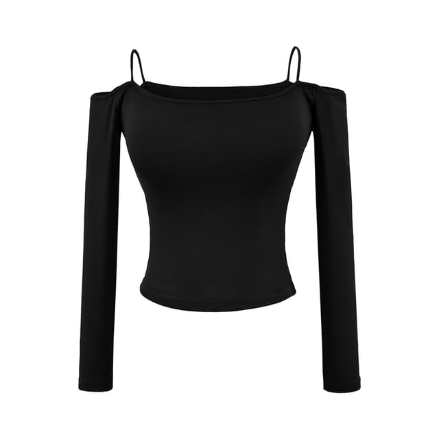 Plain Cold-Shoulder Crop Tee with Long Sleeves