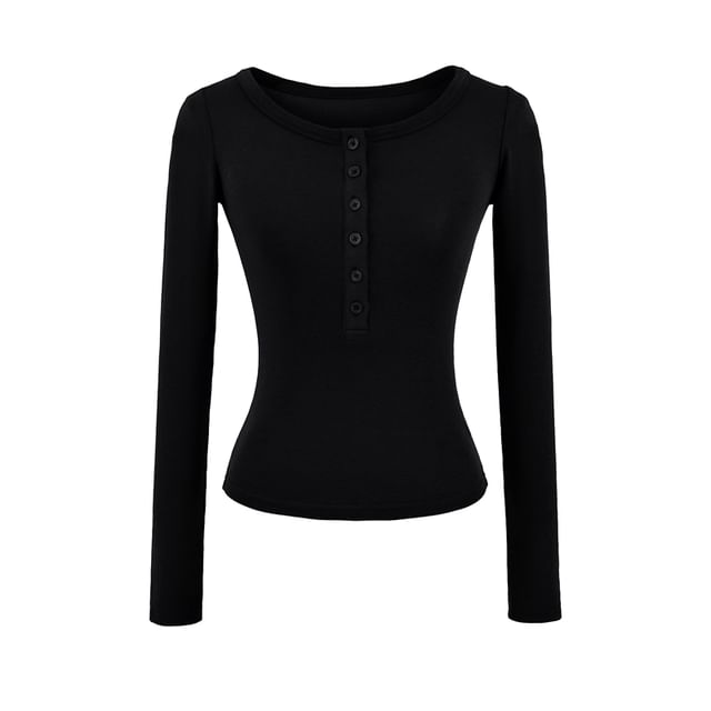 Plain Crop Tee with Scoop Henley Neck and Long Sleeves