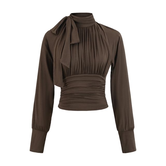 Ruched Plain Blouse with Mock Neck and Long Sleeves