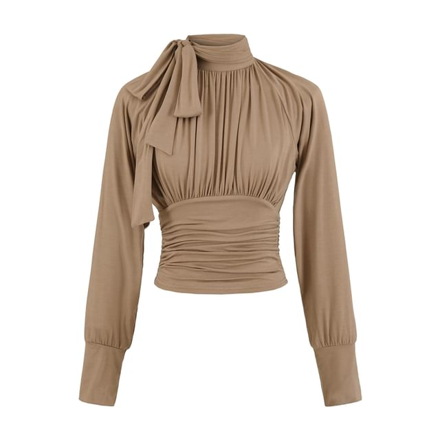 Ruched Plain Blouse with Mock Neck and Long Sleeves