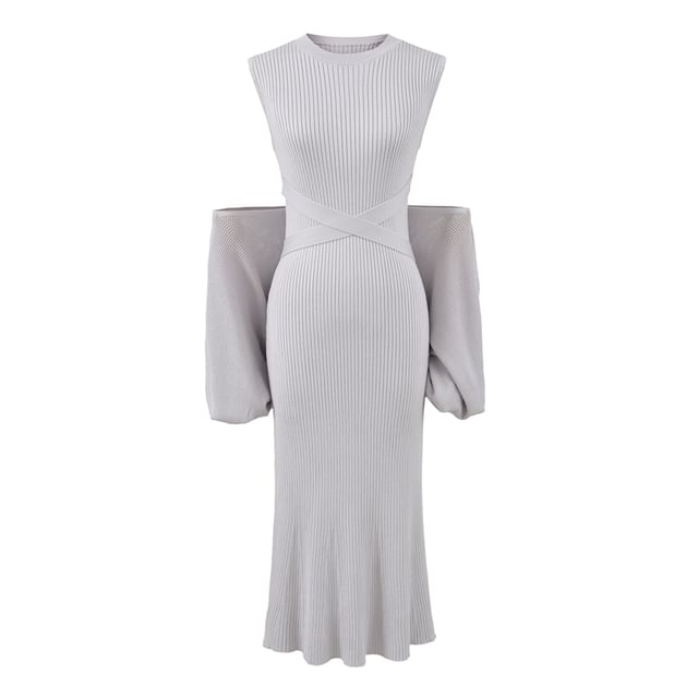 Set: Sleeveless Plain Midi Pleated A-Line Dress + Crop Sweater