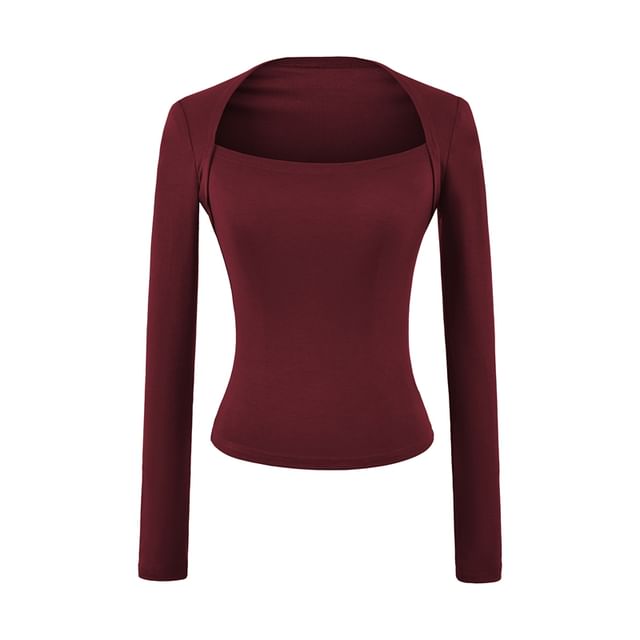 Plain Crop Tee with Square Neck and Long Sleeves