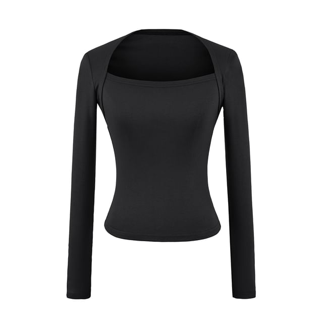 Plain Crop Tee with Square Neck and Long Sleeves