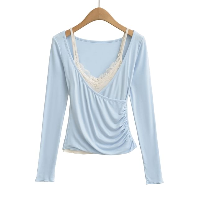 Set: Lace Camisole Top + Long-Sleeve Plain V-Neck Wrap Tee