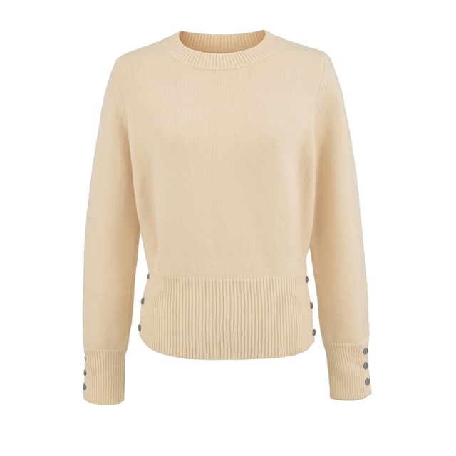 Ribbed Knit Plain Sweater with Round Neckline