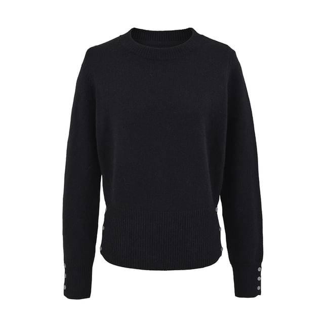 Ribbed Knit Plain Sweater with Round Neckline