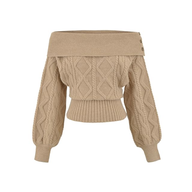 Cable-Knit Plain Sweater with Off-Shoulder Design