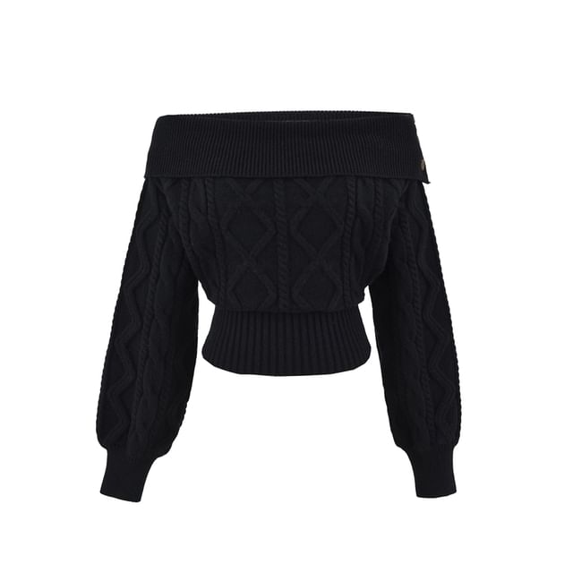 Cable-Knit Plain Sweater with Off-Shoulder Design