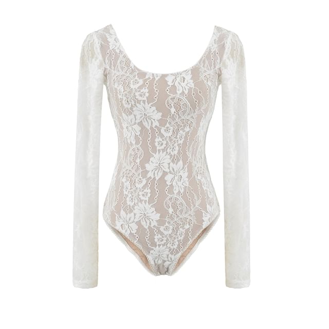 Lace Bodysuit Top with Scoop Neck and Long Sleeves