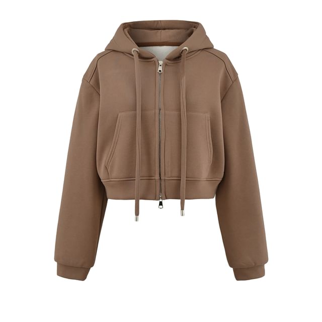 Plain Crop Zip Hoodie with Drop Shoulder Design