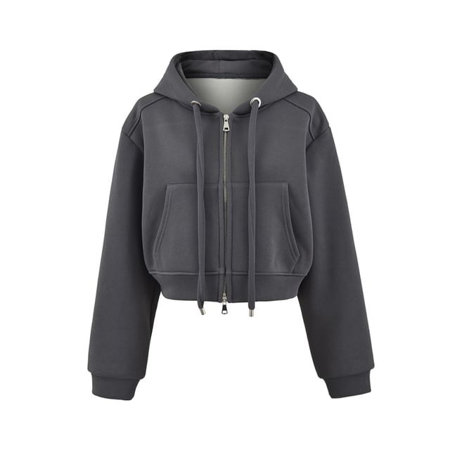 Plain Crop Zip Hoodie with Drop Shoulder Design