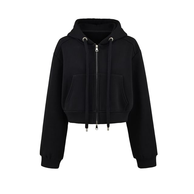 Plain Crop Zip Hoodie with Drop Shoulder Design