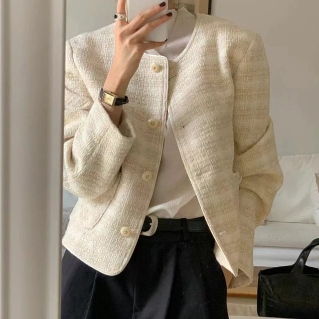 Crew Neck Button-Up Tweed Crop Jacket