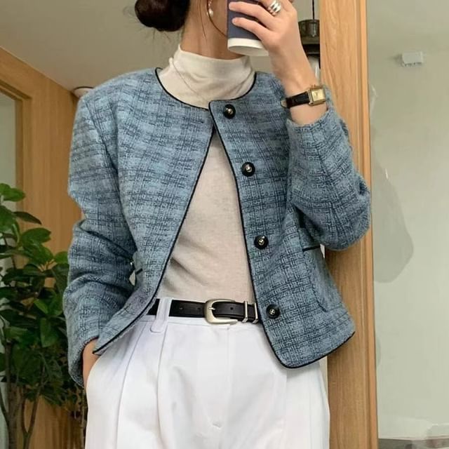 Crew Neck Button-Up Tweed Crop Jacket