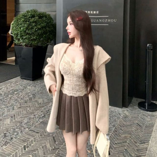 Hooded Plain Cardigan / High Waist Mini Pleated Skirt / Sleeveless Lace Crop Top