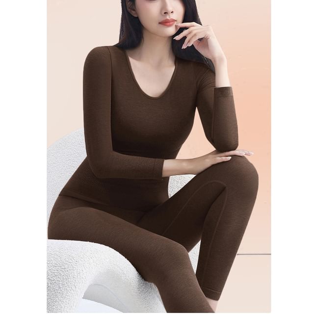 Set: Long-Sleeve Plain Crew Neck Underwear Tee + Leggings