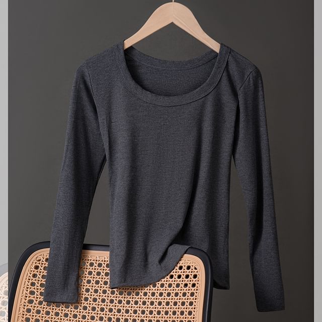 Plain Ribbed Underwear T-Shirt with Round Neck and Long Sleeves