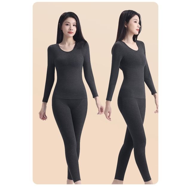 Set: Long-Sleeve Plain Crew Neck Underwear Tee + Leggings