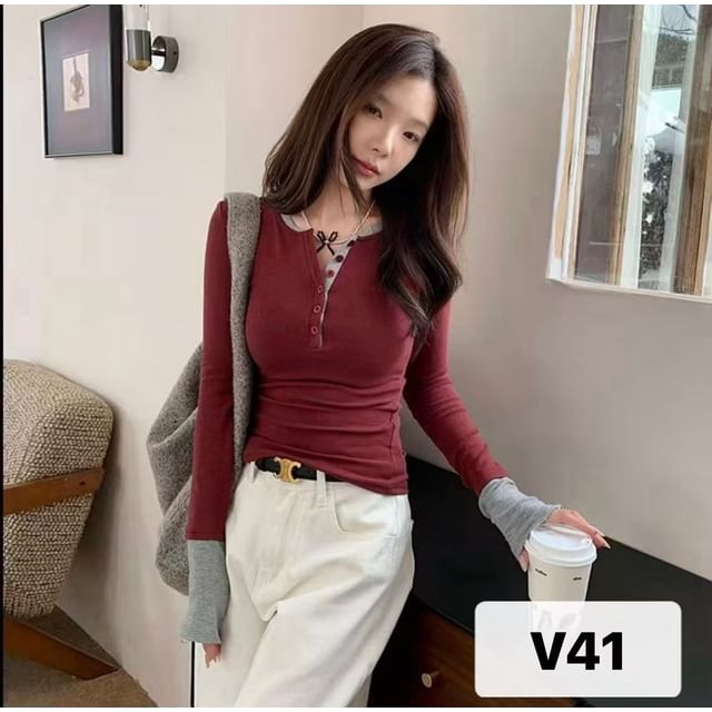 Long Sleeve Two-Tone Henley Tee