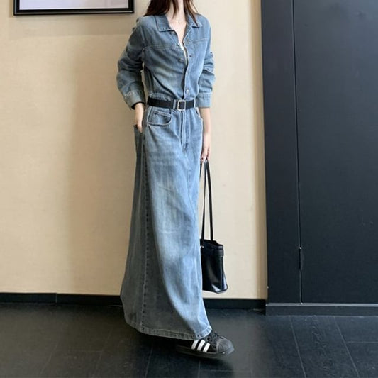 Long-Sleeve Collar Button Denim Maxi A-Line Dress