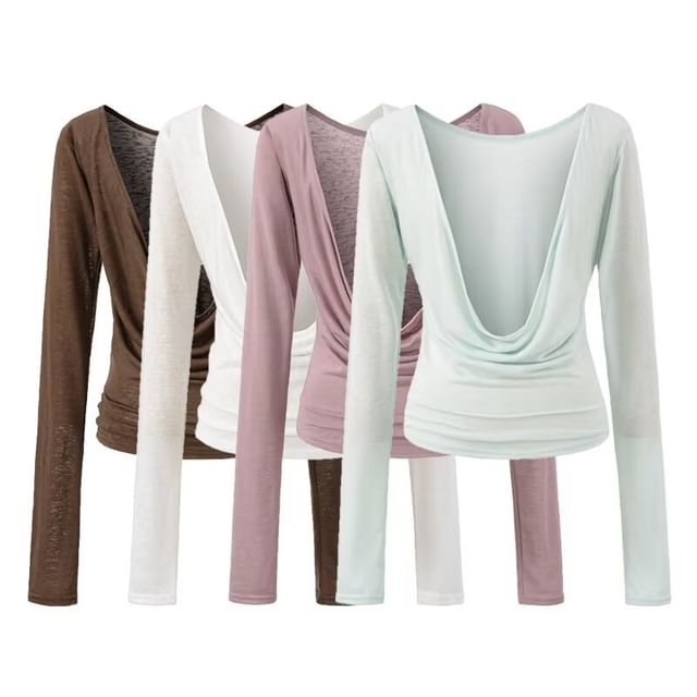Long Sleeve Deep Plunge Cowl Neck Plain Blouse