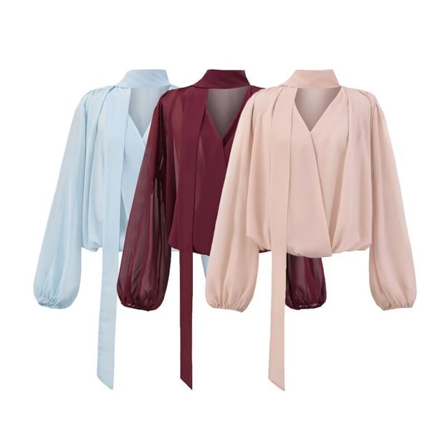 Long Sleeve V-Neckline Plain Sash-Tie Blouse