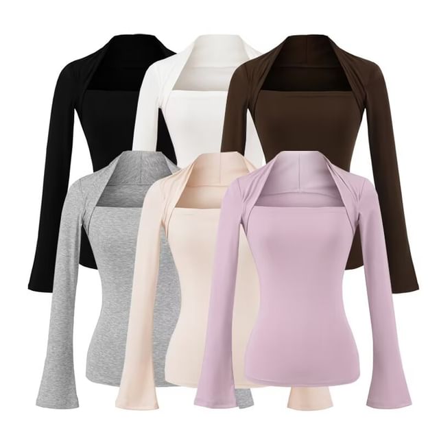 Long Sleeve Queen Anne Neckline Plain Blouse