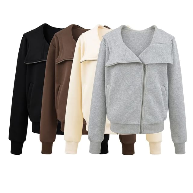 Stand Collar Plain Zip-Up Hooded Sweatshirt