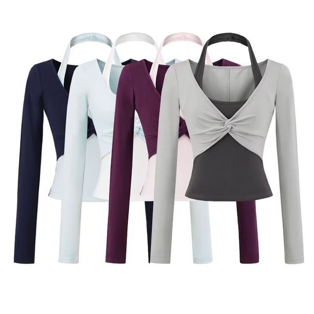 Long Sleeve Halter Illusion Layered Ruched Top