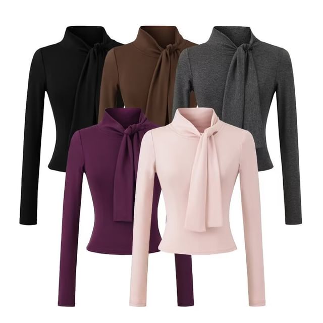 Long Sleeve Tie Neck Plain Blouse