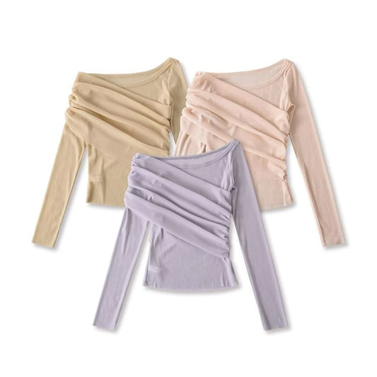 Long Sleeve One Shoulder Plain Ruched Panel Blouse