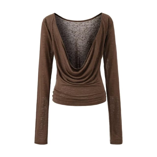 Long Sleeve Deep Plunge Cowl Neck Plain Blouse