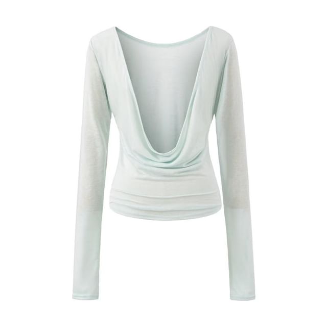 Long Sleeve Deep Plunge Cowl Neck Plain Blouse