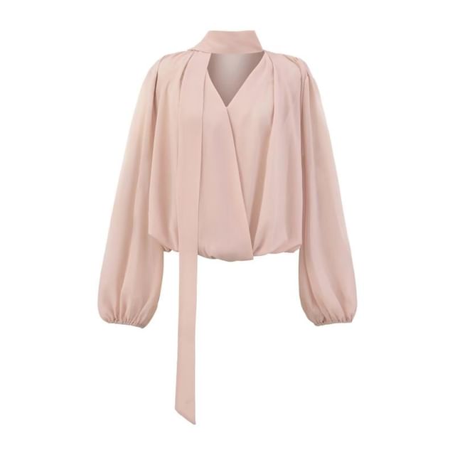 Long Sleeve V-Neckline Plain Sash-Tie Blouse