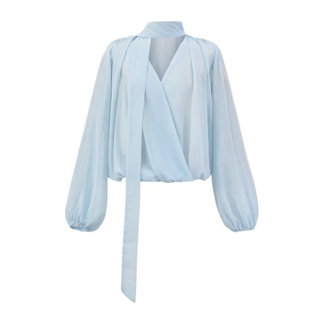 Long Sleeve V-Neckline Plain Sash-Tie Blouse