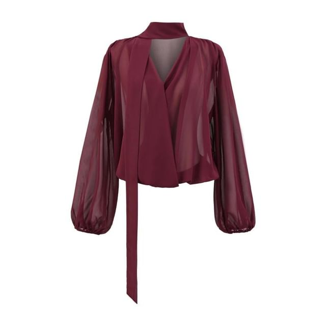 Long Sleeve V-Neckline Plain Sash-Tie Blouse