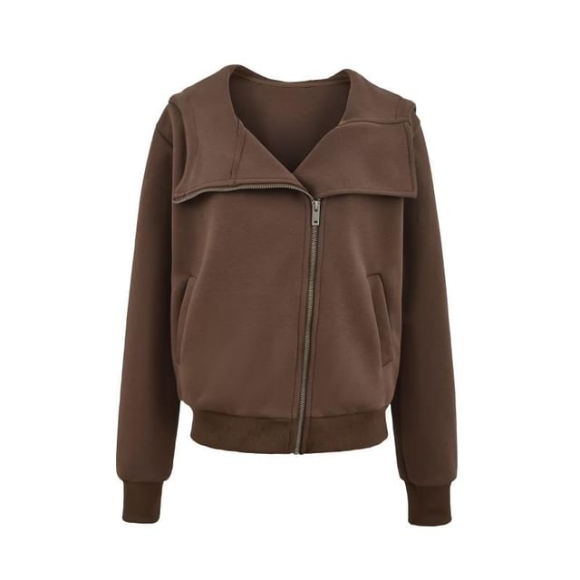 Stand Collar Plain Zip-Up Hooded Sweatshirt